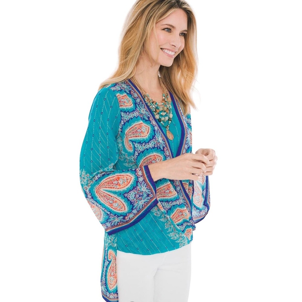 Chicos Size Small Criss Cross High Low Hem Handkerchief Sleeve Paisley Blouse